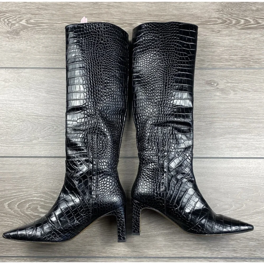 Lafayette 148 Women's Croc Embossed Leather Pull On Knee High Boots Black Sz 8.5